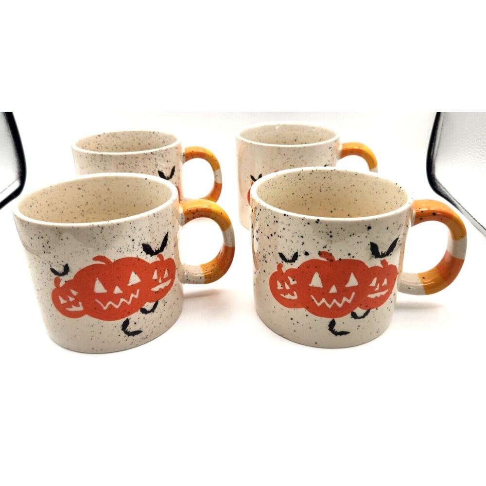 Halloween Large Soup Coffee Mug Jack O Lantern Pumpkin Tag Set of 4 Stoneware